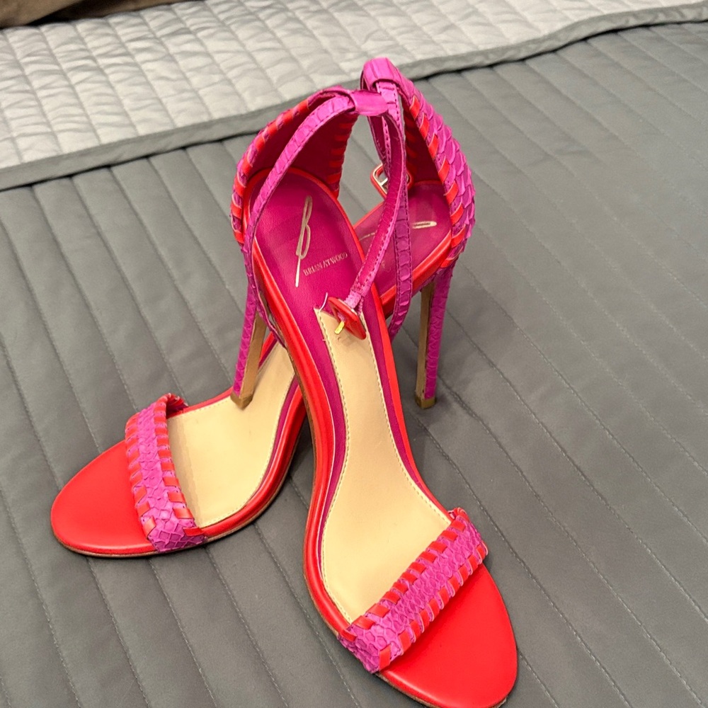 B Brian Atwood Pink and Red Braided Heels